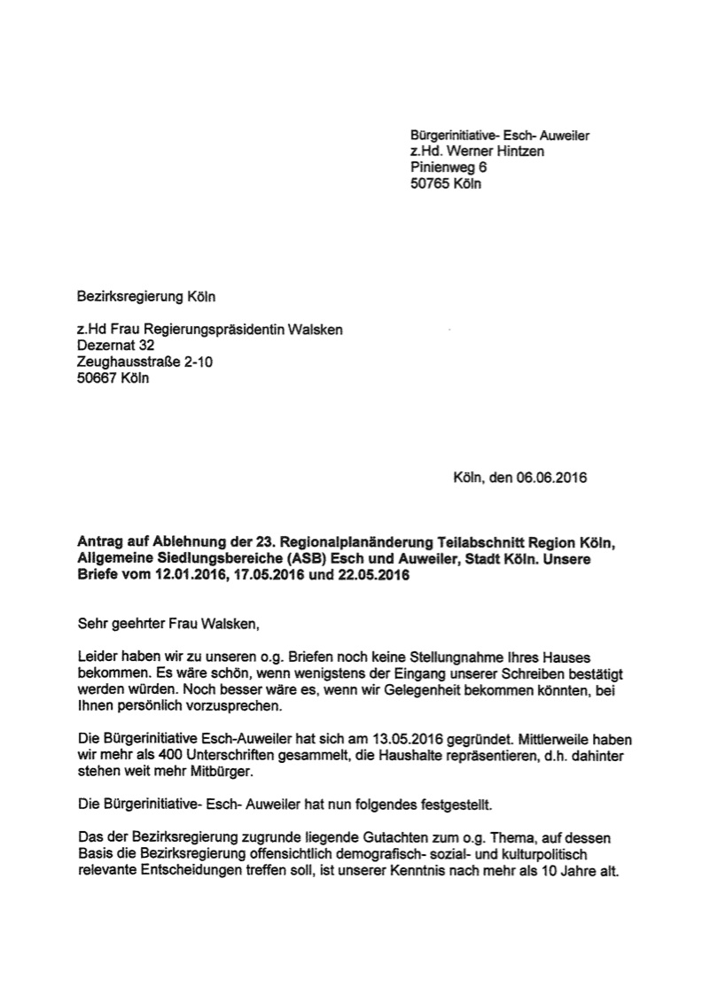 Offener Brief Der Bürgerinitiative Auweiler Esch An Die